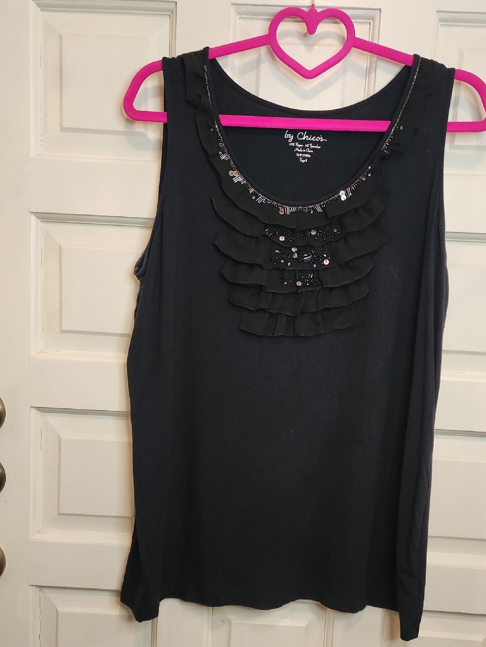 Chico's Black Ruffle Tank with Sequin And Beads Trim On The Front V